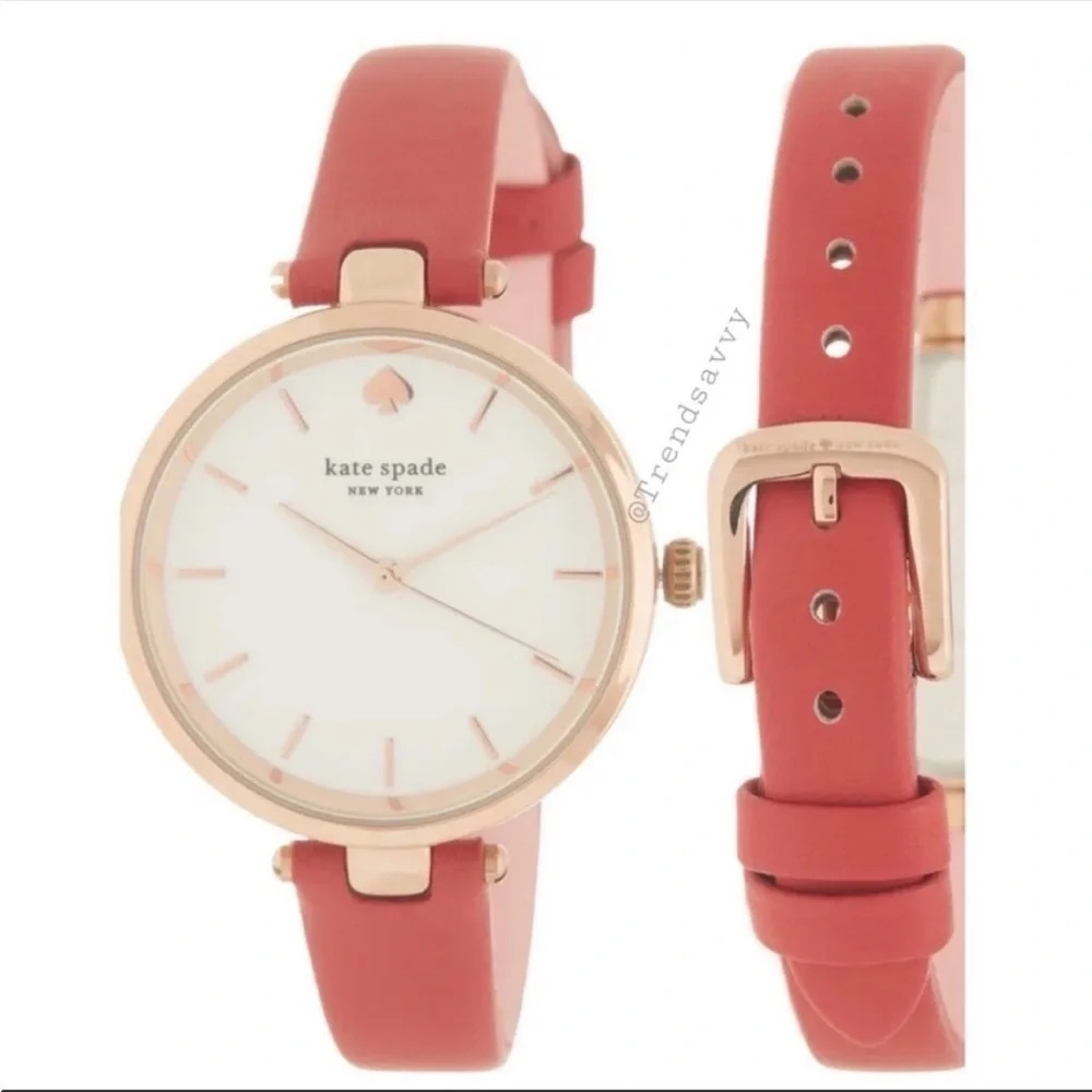 Kate Spade Holland Watch Gift Set Rose Gold Leather Pearl Earrings 34mm Box